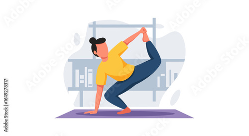 A vibrant illustration captures a person gracefully performing a challenging yoga pose on a mat, embodying balance and mindful wellness.