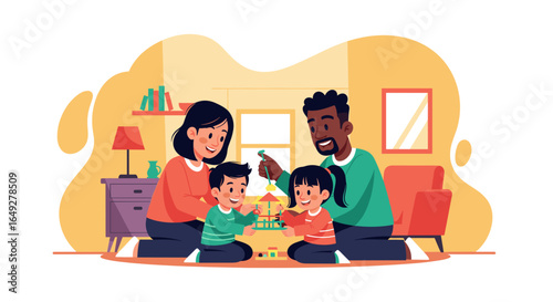 A happy diverse family enjoys quality time together, playing with toys on the floor of their cozy home, fostering strong bonds and childhood joy.