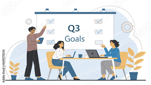 A diverse team collaborates in a modern office setting, discussing Q3 goals and strategic planning for future business success.