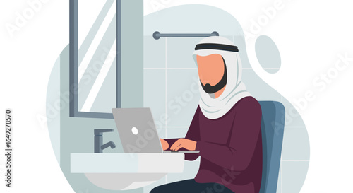 An Arab man, dressed in traditional attire, diligently works on his laptop in a modern setting, embodying remote productivity and cultural integration.