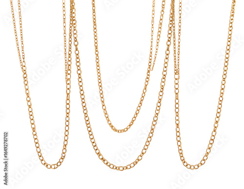 Minimalist Flat Lay of Five Thin Gold Chain Necklaces, Modern Jewelry Display, Isolated 