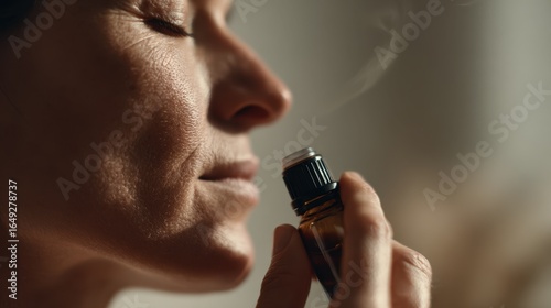 Medium shot focused on an individuals hand holding a scented essential oil bottle close to the nose background gently out of focus to evoke postCOVID smell rehabilitation.