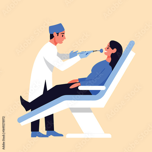 Stomatologist examining a female patient's teeth in a dental chair. Professional healthcare and medical treatment concept. Flat vector illustration.