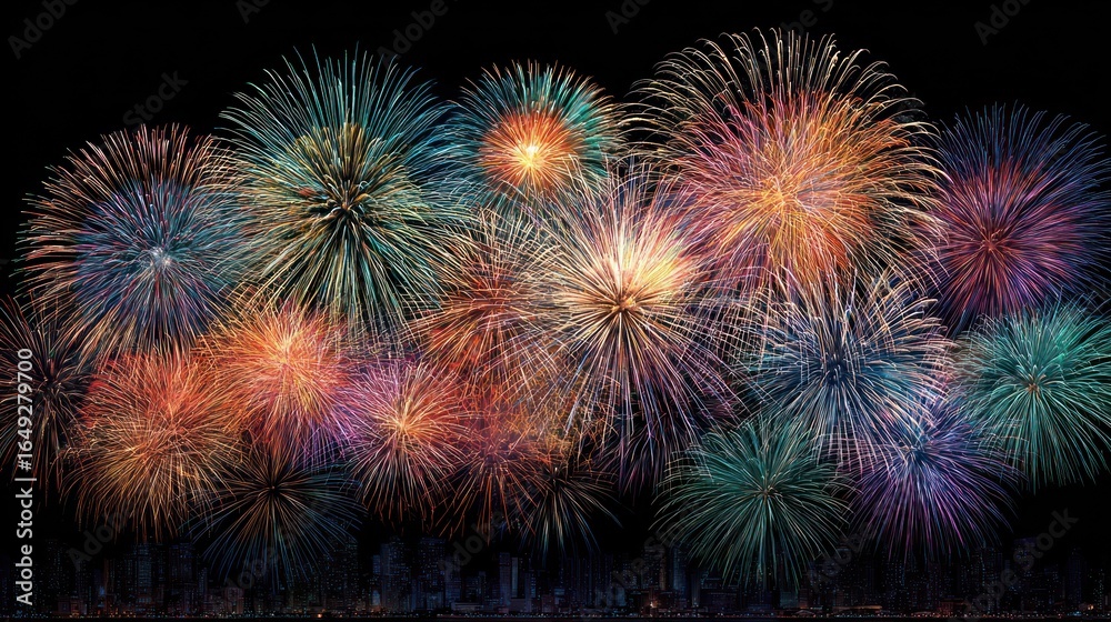 Naklejka premium Fireworks burst over a cityscape at night