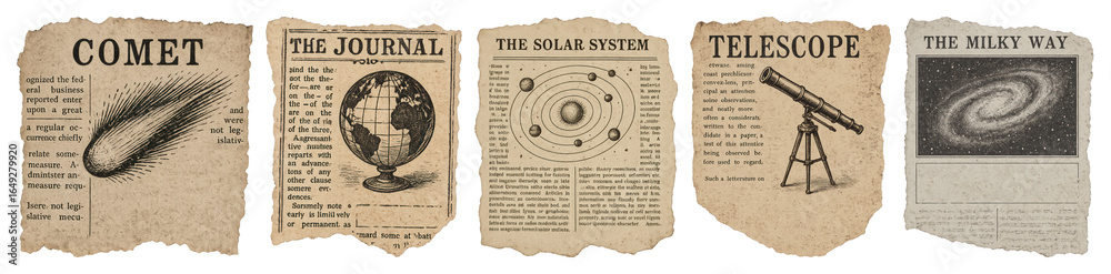Obraz premium PNG Vintage astronomy newspaper clippings, element set on transparent background
