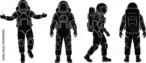 Astronaut silhouette illustrations, space suit poses, astronaut vector art, helmet and backpack views, space gear design, astronaut clipart, cosmic explorer graphics