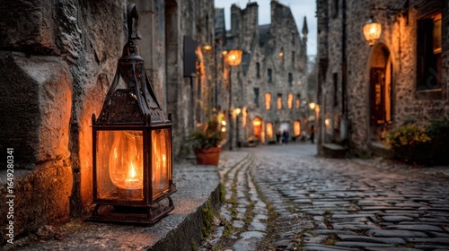 Old-world charm in a cobbled street at dusk
