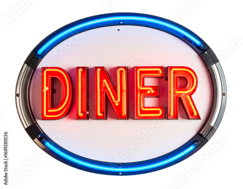 Vintage Neon Diner Signboard with Chrome Edges, Front View, Isolated on Transparent Background 