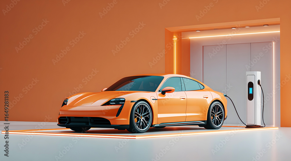 Obraz premium Scene of Orange Cars Charging at Charging Station