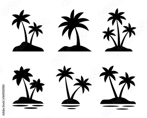 Collection of six black palm tree silhouettes on small islands isolated on white background