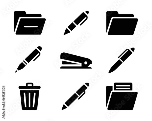 Collection of office supplies including pens stapler trash can and folders silhouette isolated on white background