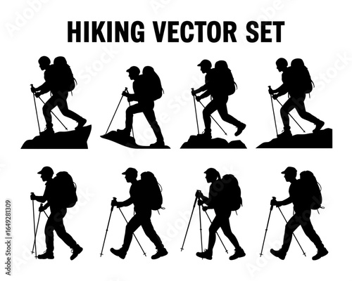 Set of eight diverse hiking silhouettes with trekking poles isolated on white background silhouette