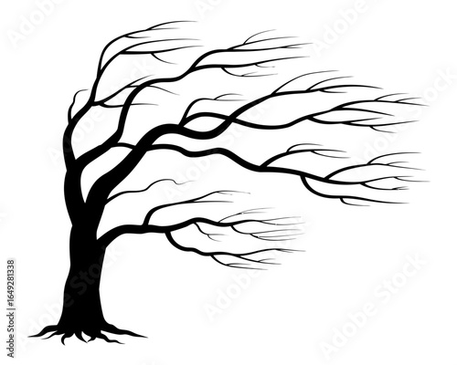 Stylized black silhouette of a bare tree swaying in the wind isolated on white background