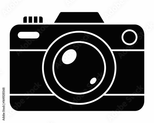 Black camera silhouette with lens and flash isolated on white background