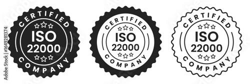 ISO 22000 certified food safety management system label stamp badge, seal emblem icon, quality, assurance, standard compliance, guarantee, approval mark vector illustration