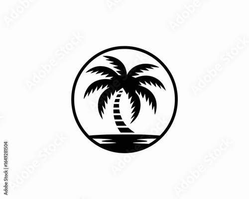 Black silhouette of a palm tree on a tropical island reflected in the water isolated on white background silhouette
