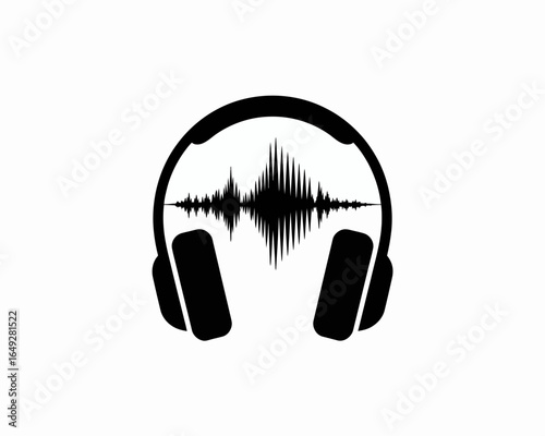 Black silhouette of headphones displaying a sound wave isolated on white background silhouette