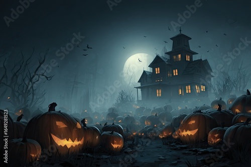 Haunted mansion at night, surrounded by jack-o'-lanterns
