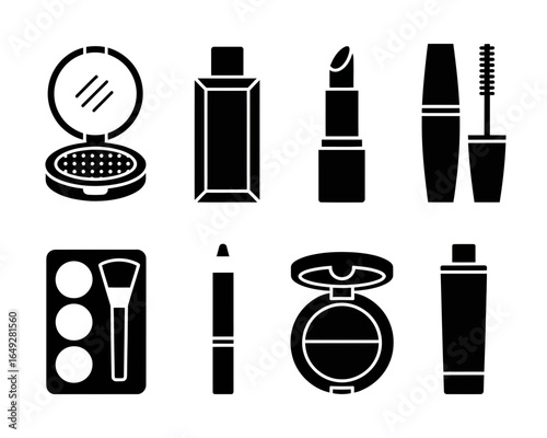 Collection of cosmetic product silhouettes including lipstick mascara and compact powder isolated on white background silhouette