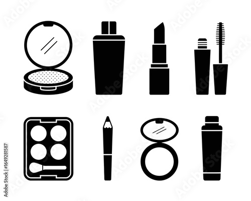 Collection of cosmetic product silhouettes including lipstick mascara and compact powder isolated on white background silhouette