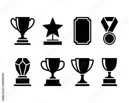 Collection of award and trophy icons silhouette isolated on white background