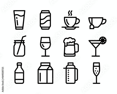 Collection of beverage icons in a clean silhouette style isolated on white background