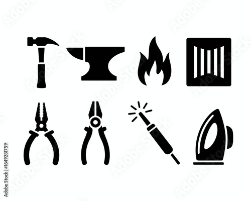 Collection of black silhouettes of tools and fire isolated on white background