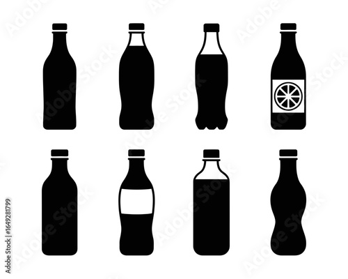 Collection of diverse beverage bottle silhouettes isolated on white background