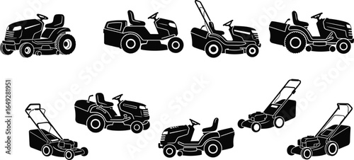 Lawn mower silhouette set, riding mower, push mower, garden equipment, black icon, landscaping tool, grass cutter, vector illustration