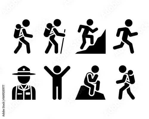 Collection of hiking and outdoor activity silhouette icons isolated on white background