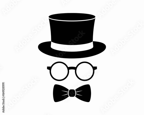 Classic gentleman s attire silhouette top hat glasses and bow tie isolated on white background