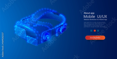 Glowing low-poly virtual reality headset in blue neon wireframe, symbolizing immersive gaming, metaverse, AR/VR innovation, future technology, and digital design.