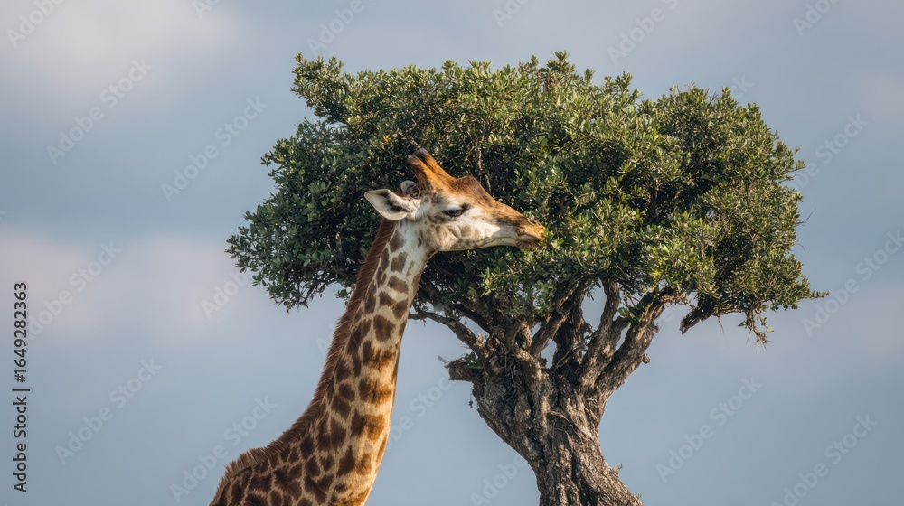 Fototapeta premium Tall giraffe bends to eat leaves off a small tree under a hazy light blue sky