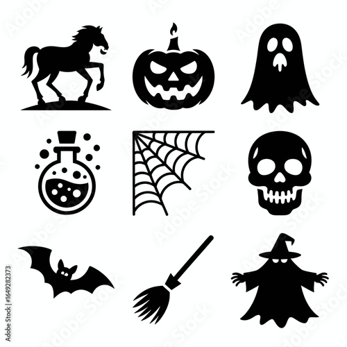 Halloween icons collection featuring a horse pumpkin ghost potion spiderweb skull bat broom and witch silhouette isolated on white background