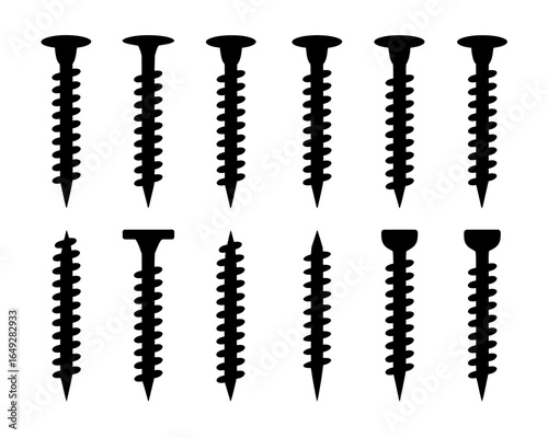 Collection of various screw silhouettes isolated on white background