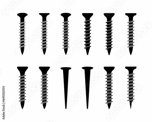 Collection of screw and nail silhouettes isolated on white background