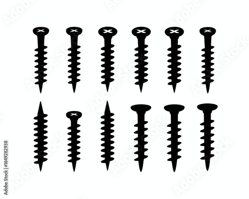 Collection of black screw silhouettes with various head styles isolated on white background silhouette