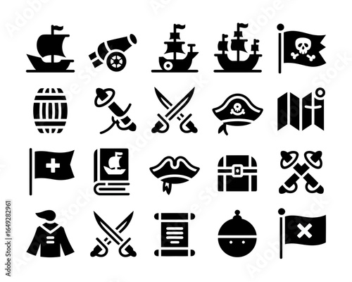Collection of pirate themed icons including ships cannons flags and treasure chests silhouette isolated on white background