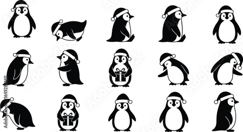 Christmas penguin poses, gift box illustrations, winter vector design, cute animal artwork, Santa hat penguins, holiday themed penguins, penguin Christmas clipart, festive cartoon , 