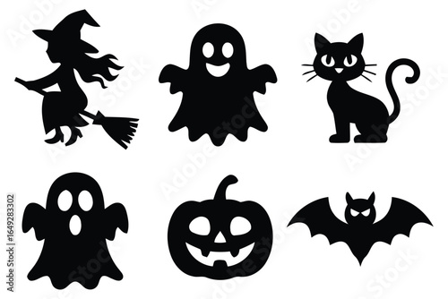 Collection of halloween silhouettes including a witch ghost cat pumpkin and bat isolated on white background