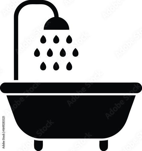 Black silhouette of a bathtub with a shower head and falling water drops isolated on white background