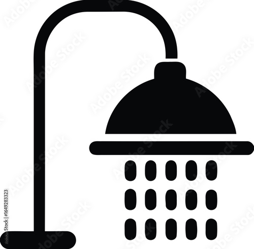 Black silhouette of a shower head with water droplets falling isolated on white background