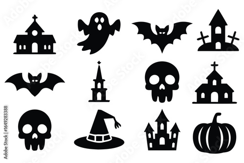 Collection of halloween icons including ghosts bats skulls churches witch hat and pumpkin silhouette isolated on white background