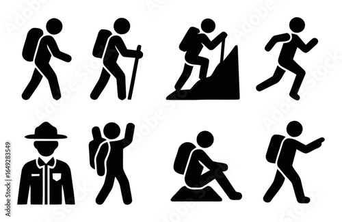 Collection of diverse hiking and outdoor activity silhouettes isolated on white background