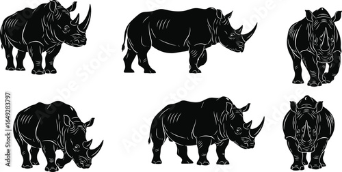 Rhinoceros illustration set, black and white, detailed texture, animal poses, wildlife art, horned mammal, side view, front view, sketch