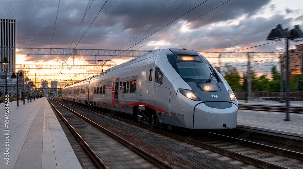 Naklejka premium Passengers are getting on and off a vibrant high-speed train as the sun sets, casting warm colors across a modern station backdrop
