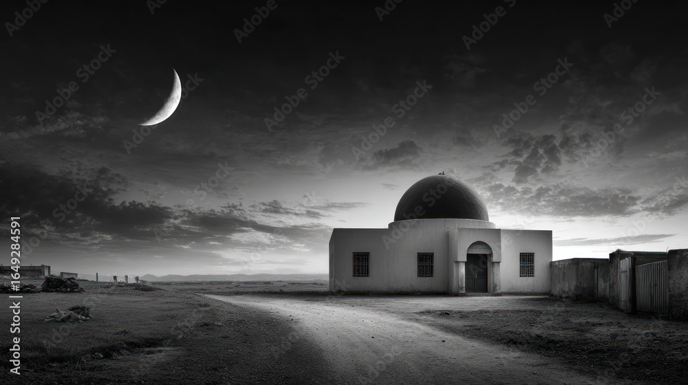 Fototapeta premium Monochrome shot of an architectural building beneath crescent moon and dramatic skies
