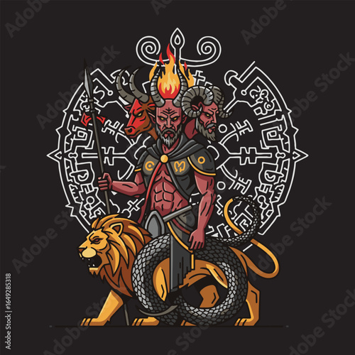 A demonic figure with multiple heads, flanked by a lion and serpent, surrounded by intricate designs.