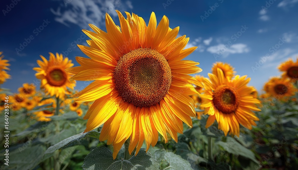 Fototapeta premium Bright sunflowers in a field under a partly cloudy sky