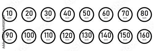 Speed limit 5 to 200km round road traffic icon sign flat style design vector illustration set isolated on white background. Circle standard road sign with number km/h in eps 10.Vector background .